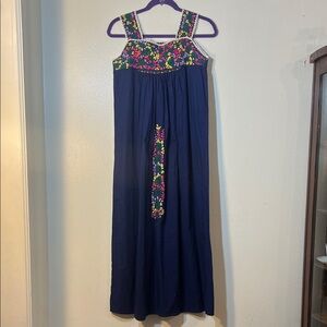 Navy Cotton Handmade Mexican Maxi Dress with Colorful Floral Embroidery XS